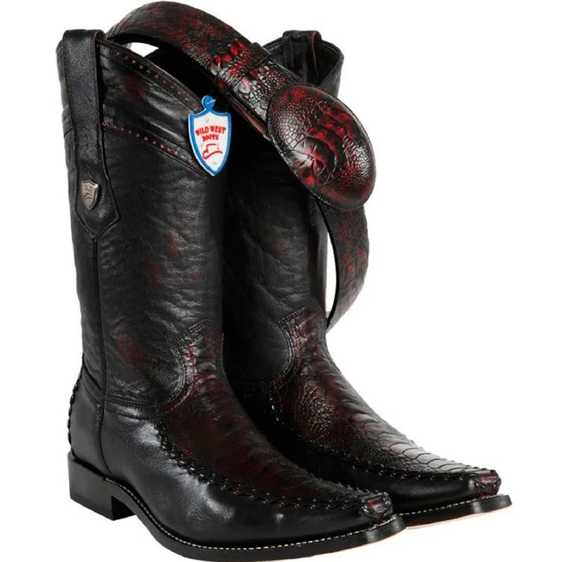 Wild West Boots #278t0518 Men's | Color Black Cherry  | Men’s Wild West Ostrich Leg With Deer Square Toe Boots Handmade